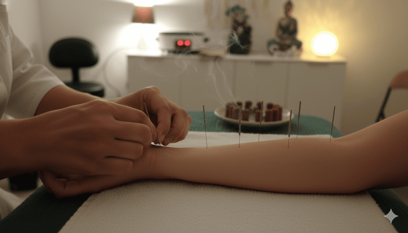 Detalhe real de sessão de acupuntura com Lénia Oliveira